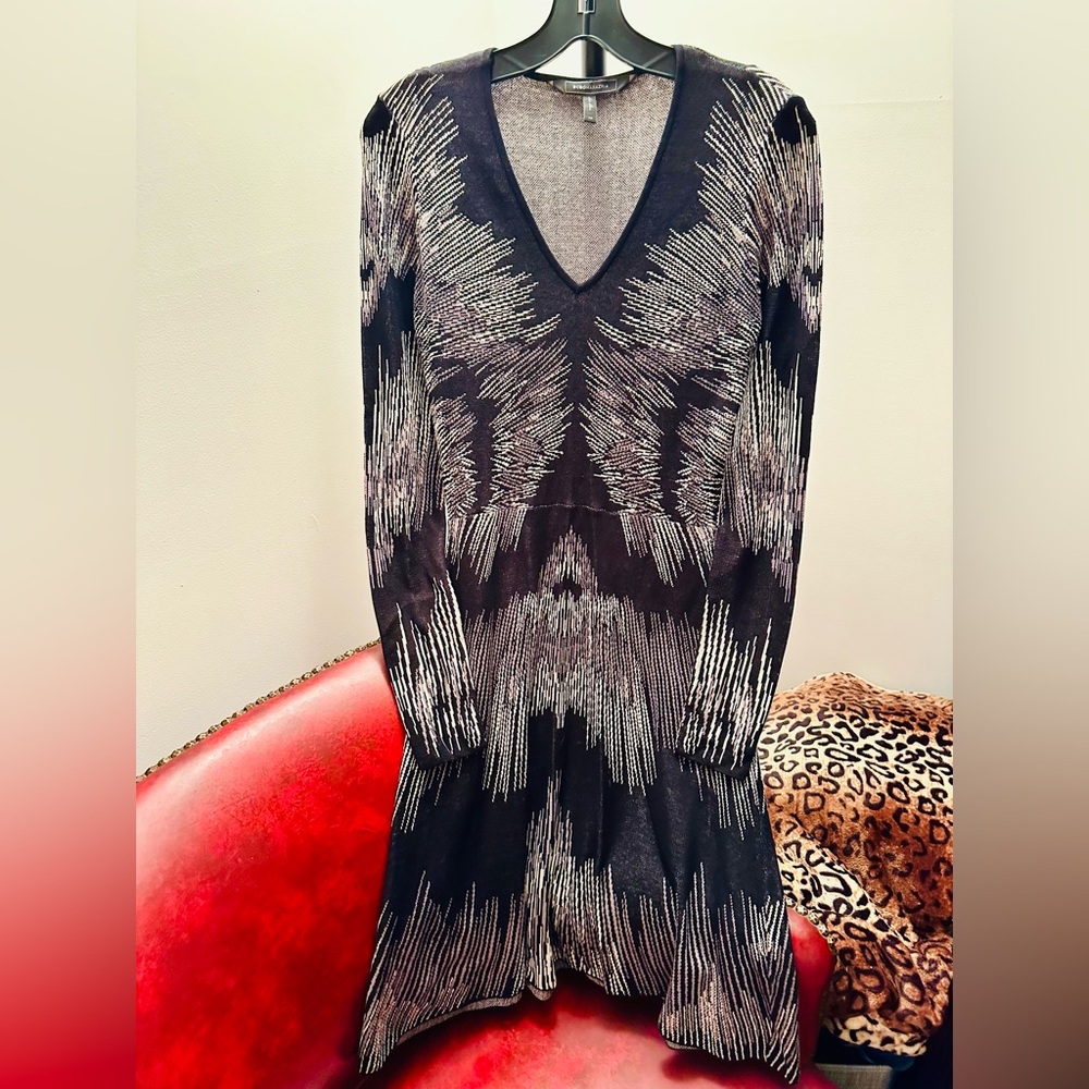BCBGMAXAZRIA Katia Silk Blend A-Line Knit Dress, Black and Neutrals, XS